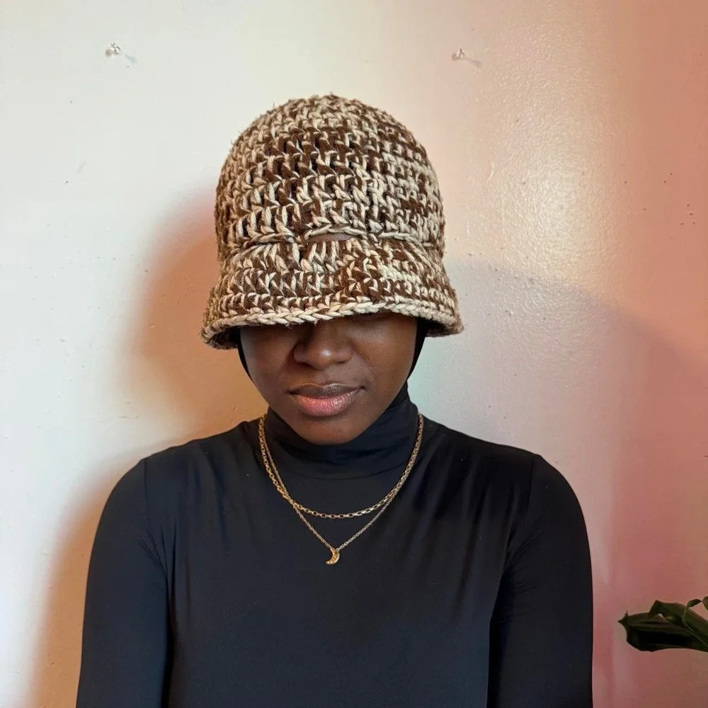 Vintage Handmade Crochet Bucket Hat Brown Cream Chunky Knit Rolled Brim Hat